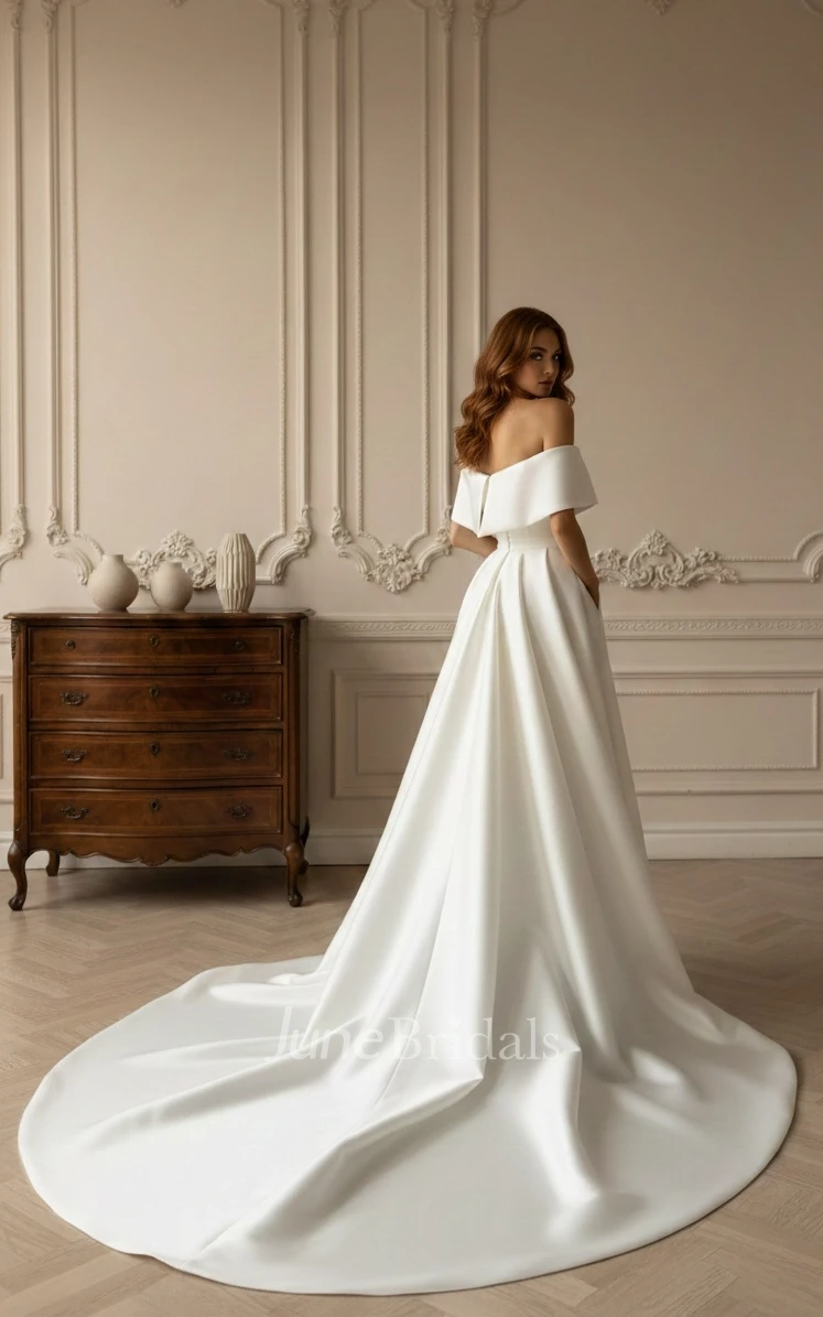 Simple Off-the-Shoulder Satin Wedding Dress Mermaid Corset Back Gown with Detachable Skirt