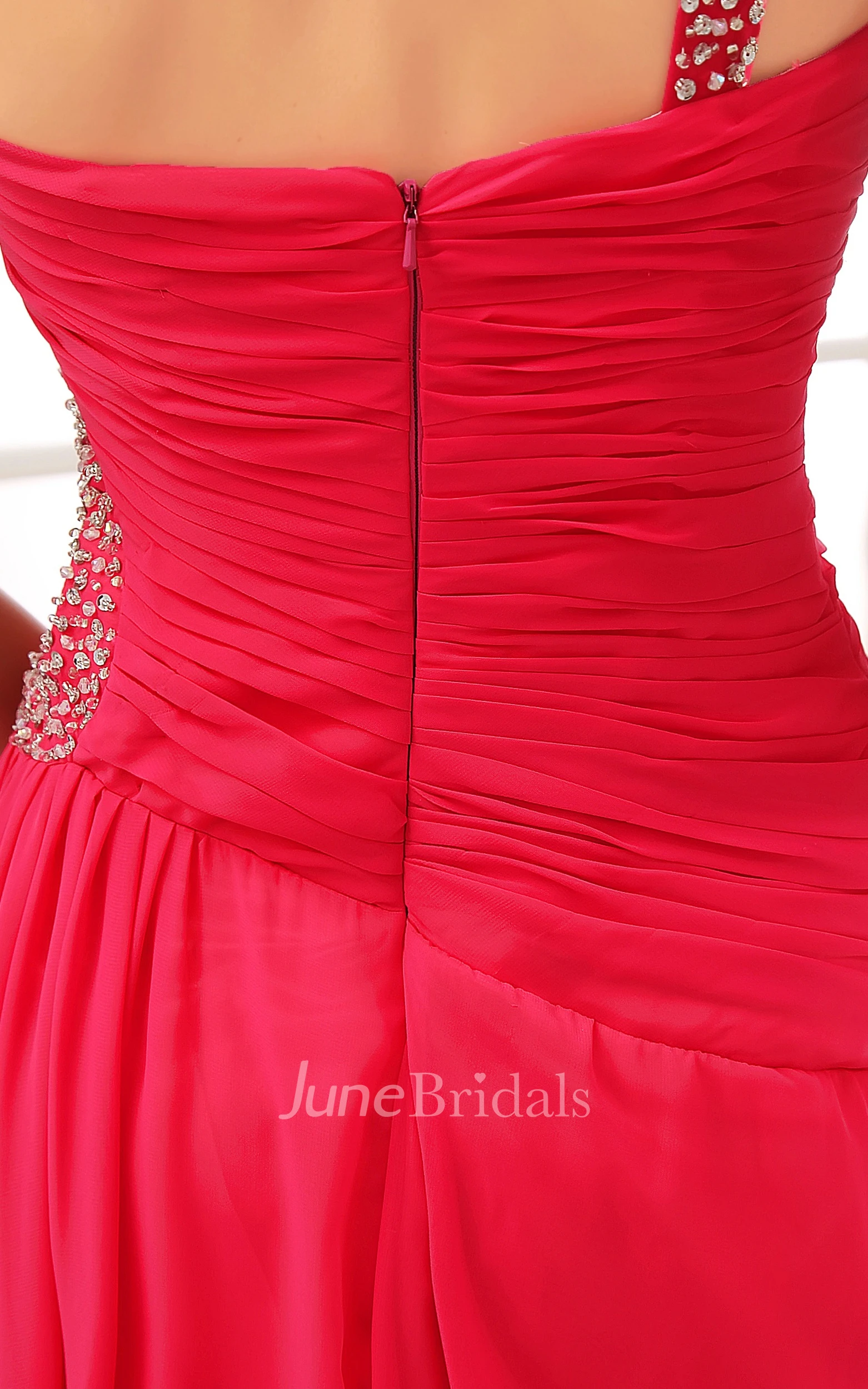 One-Shoulder Chiffon High-Low Dress With Ruching and Keyhole