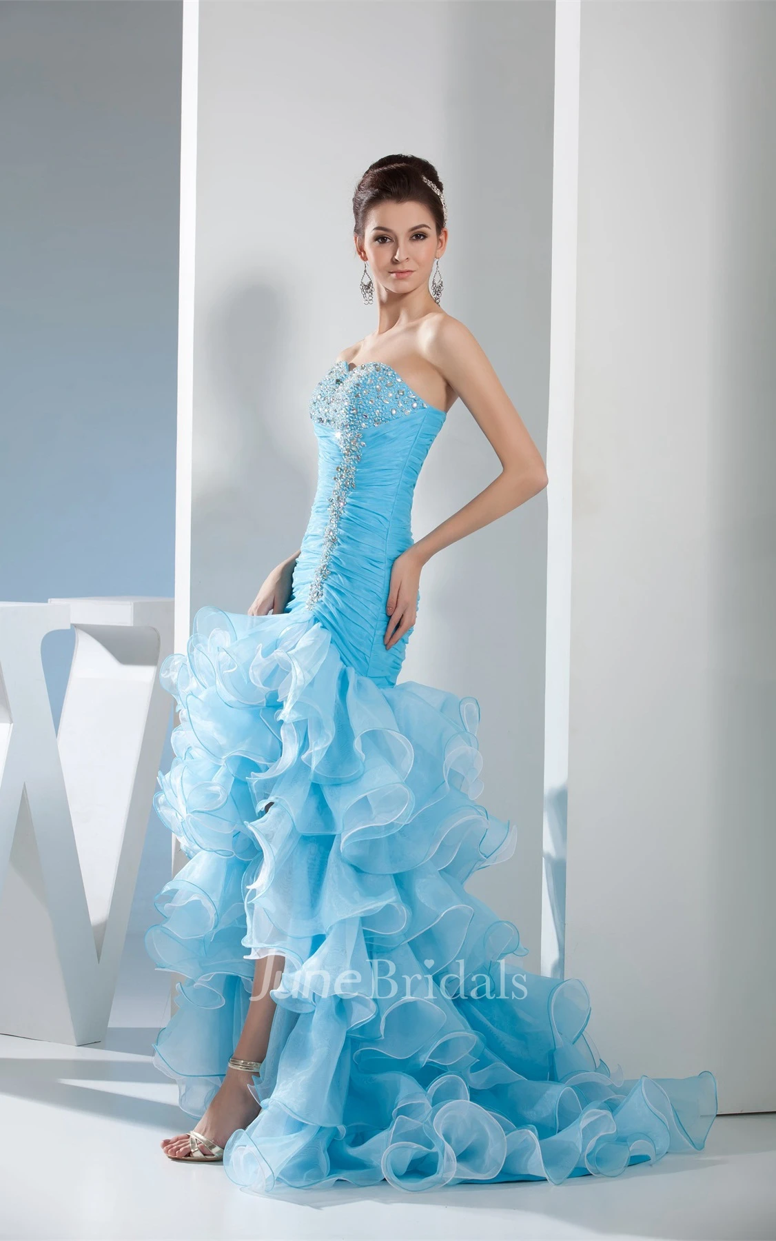 Sweetheart Mermaid Ruched Gown with Tiered Ruffle and Crystal Detailing