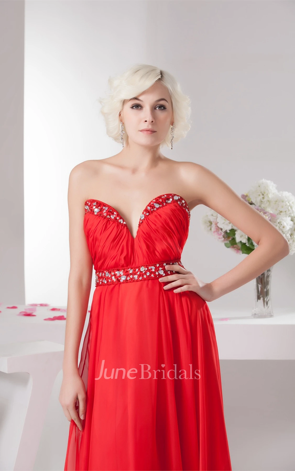 Chiffon Plunged Maxi Gown with Beading and Pleats