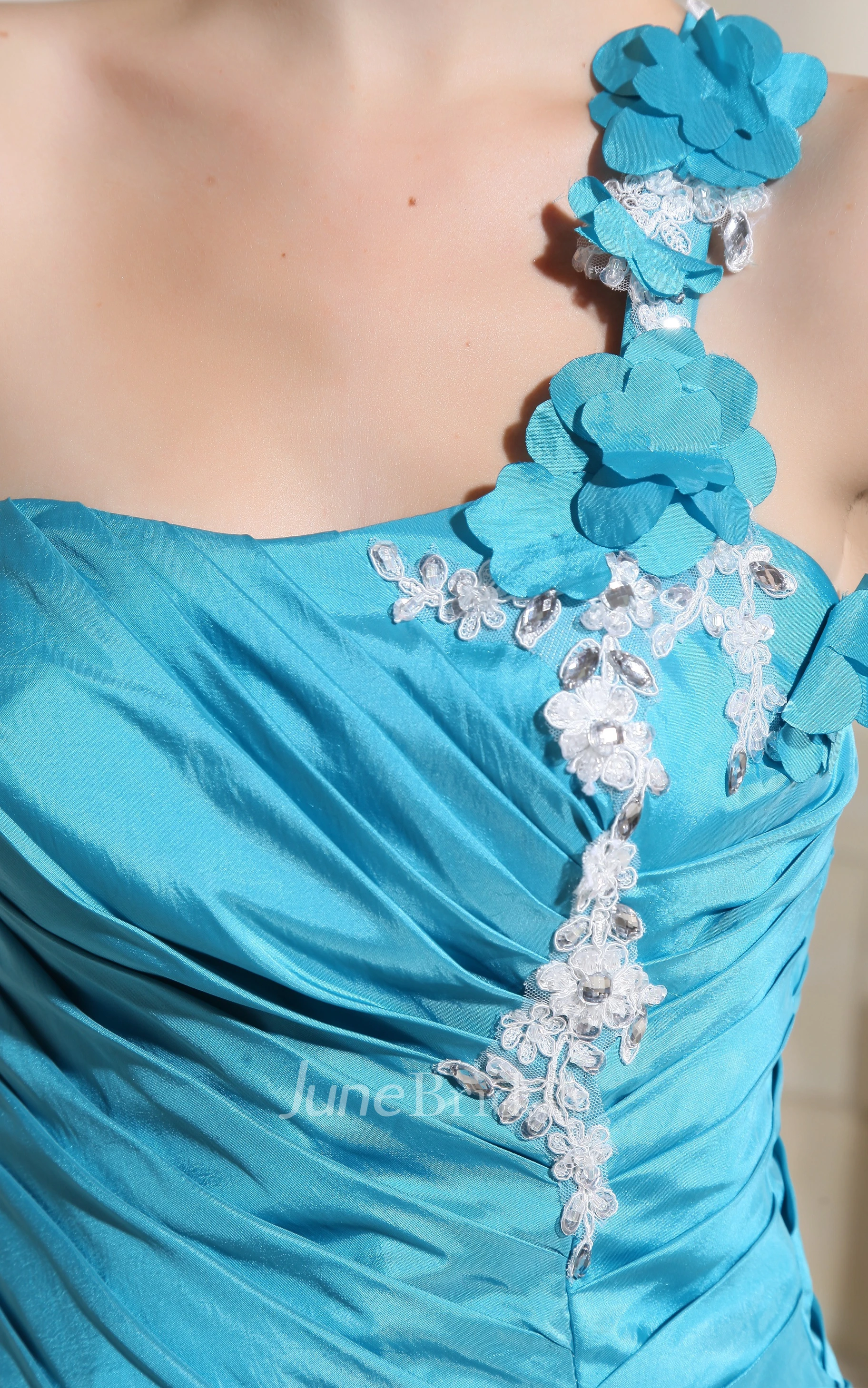 Delicate Satin High-Low Dress With Pick-Up Ruffles and Appliques