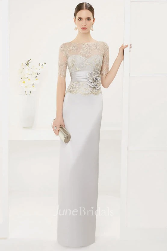 Bateau Short Sleeve Sheath Satin Long Dress With Lace Top And Flower