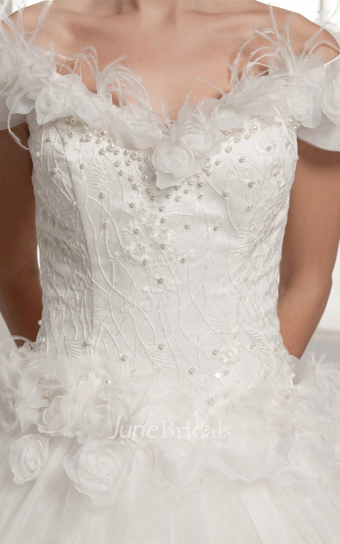 Off-The-Shoulder A-Line Ball Gown with Beading and Floral Waist