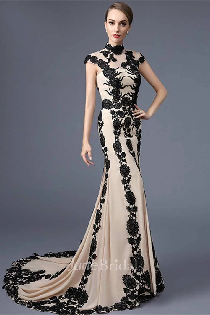 Cap Sleeve High Neck Mermaid Long Lace Dress 