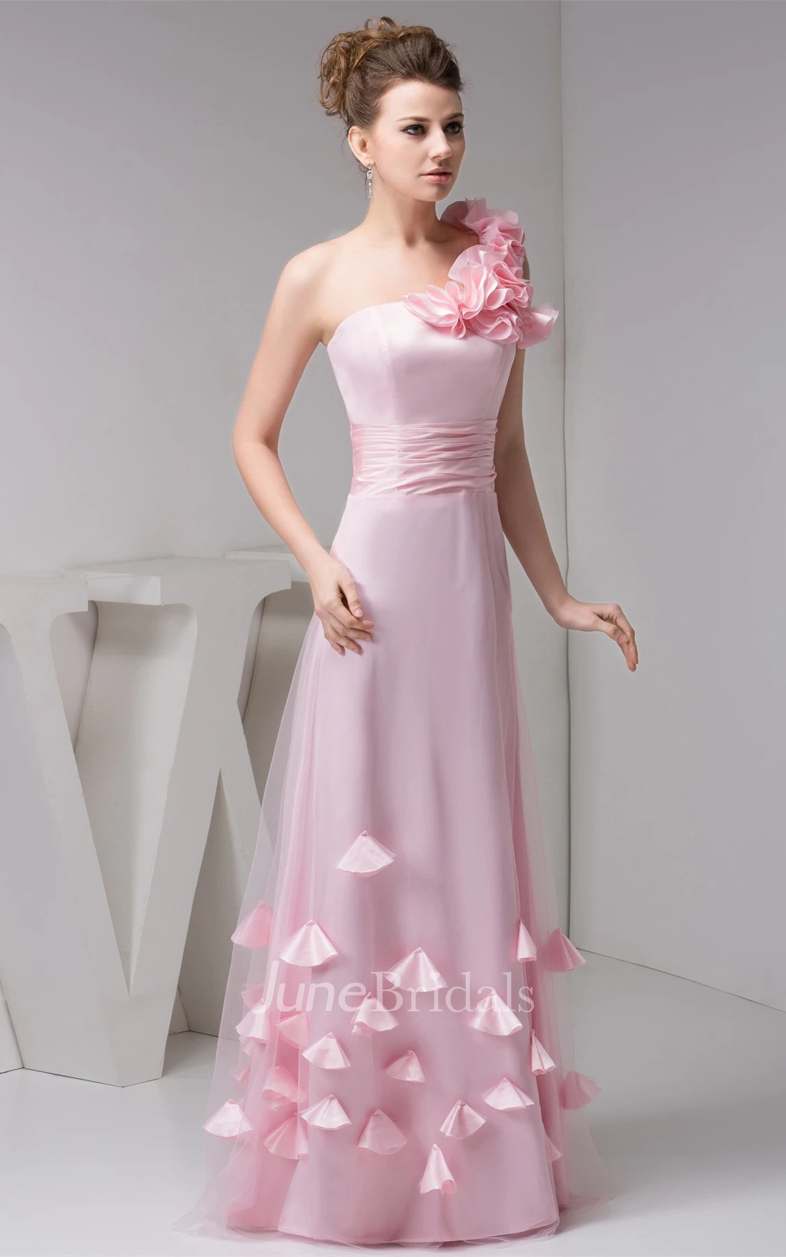 One-Shoulder A-Line Maxi Dress with Ruching and Flower