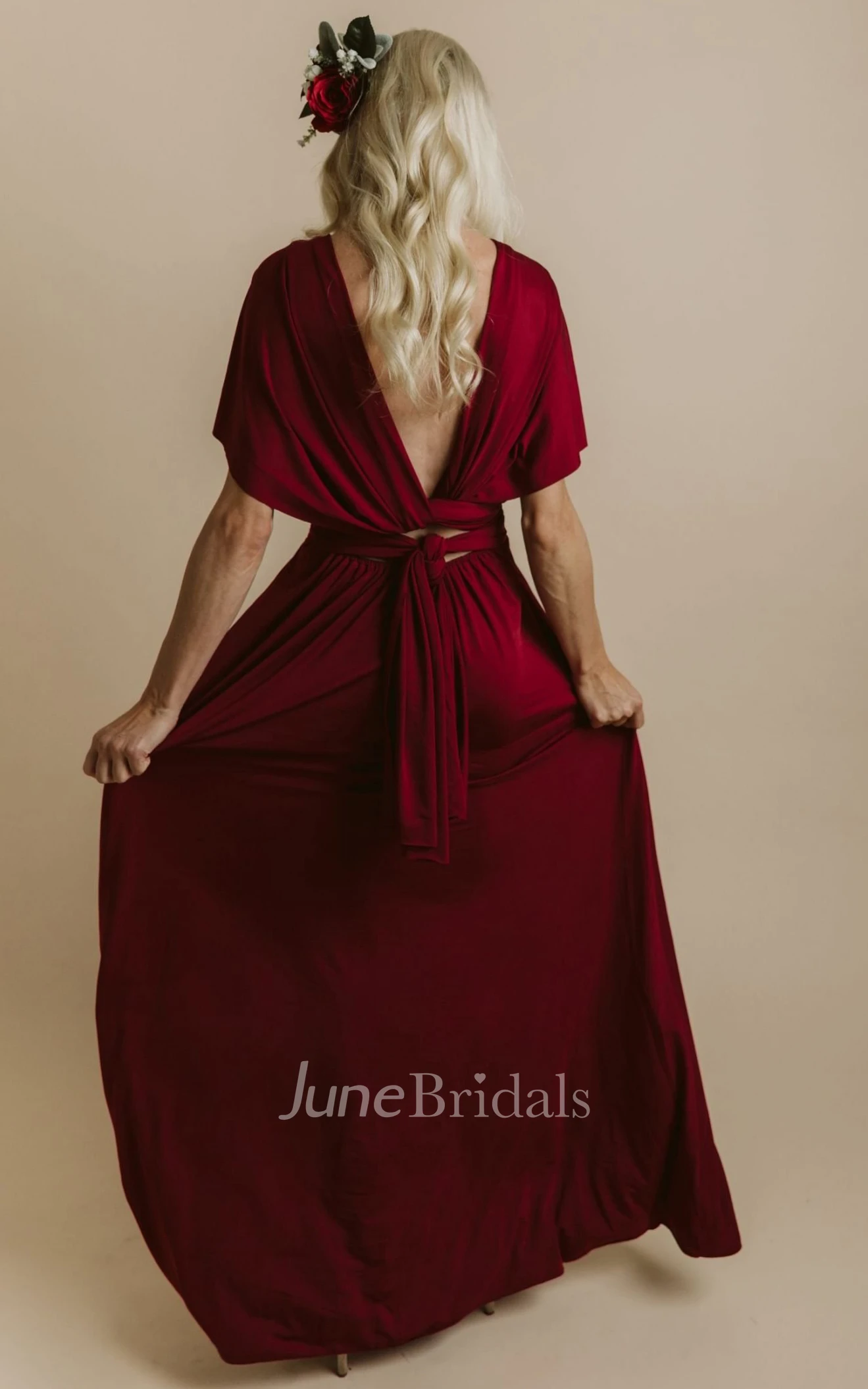 Simple Romantic A-Line Convertible V-neck Jersey Bridesmaid Dress With Open Back And Sash