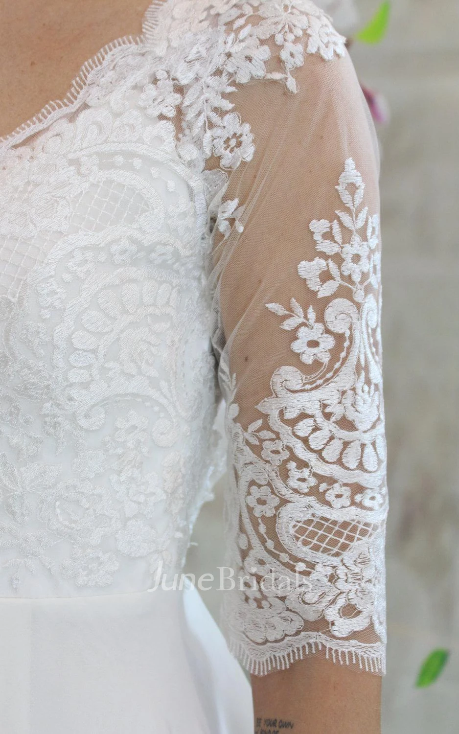 V-Neck Half Sleeve Lace and Chiffon Wedding Dress With Pleats