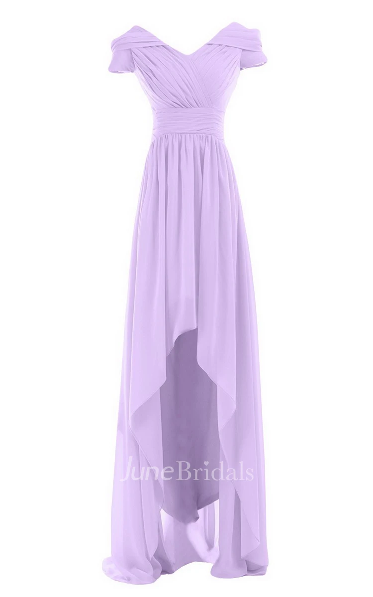 Short-sleeved Highlow Empire Ruched Chiffon Dress