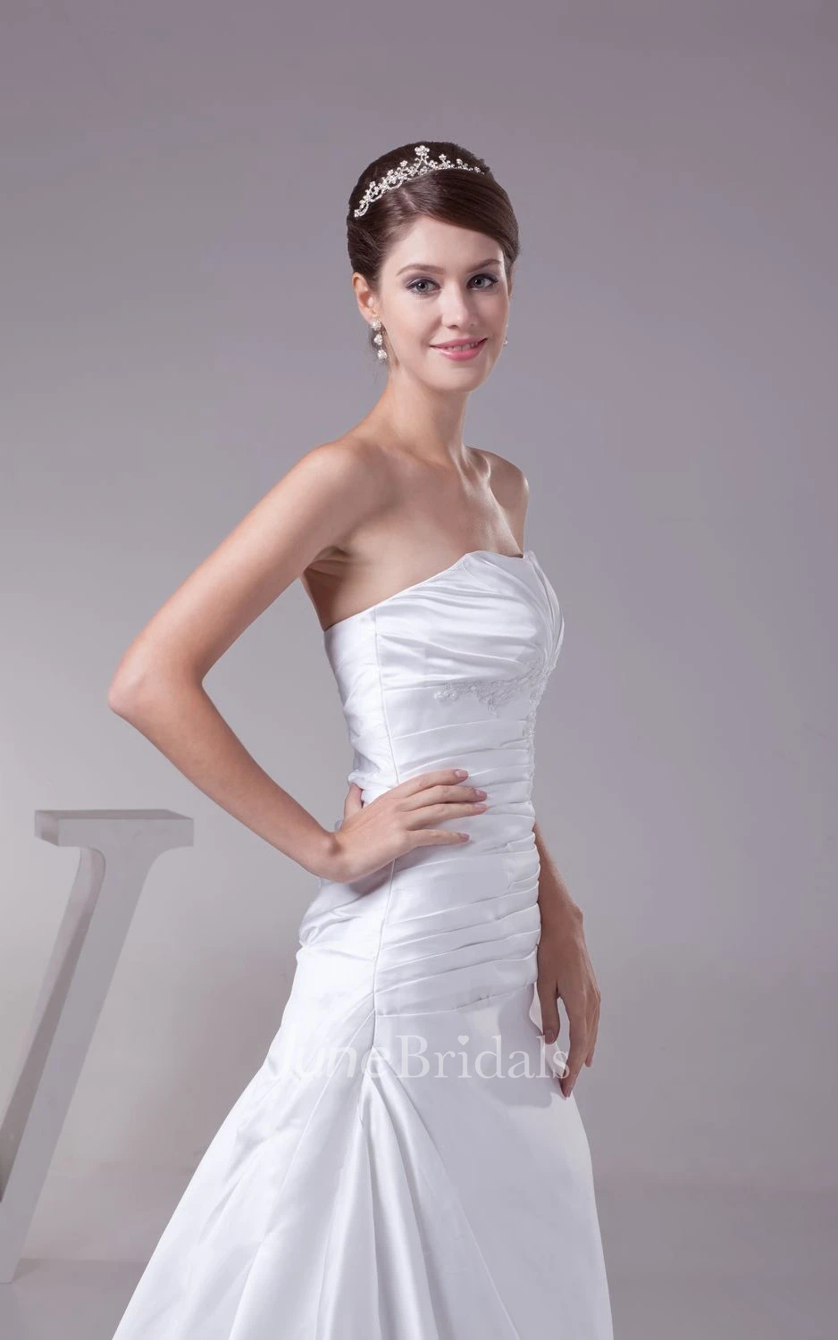 Strapless Central-Ruched Sheath Dress With Beading and Sweep Train