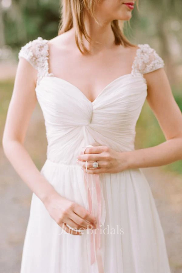 Elegant Cap Sleeve Long Chiffon Sweetheart Wedding Dress