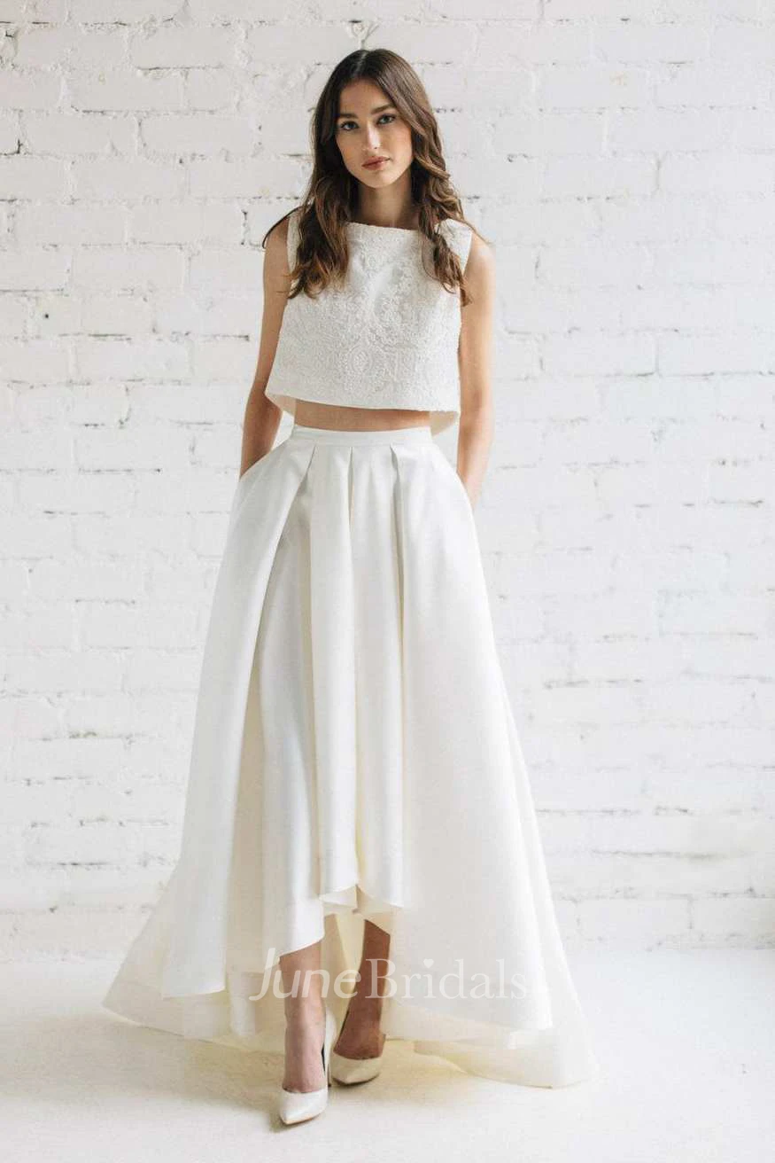 Bateau Sleeveless Two-Piece A-Line Satin Wedding Dress
