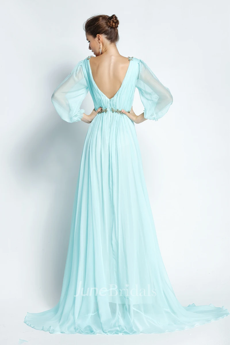 A-Line Bateau Puff Balloon Long Sleeve Floor-length Chiffon Prom Dress with Beading and Deep-V Back 