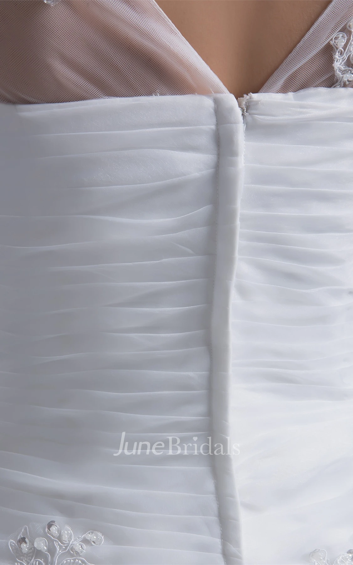 V-Neck Appliqued A-Line Gown with Ruching and Illusion Half Sleeve