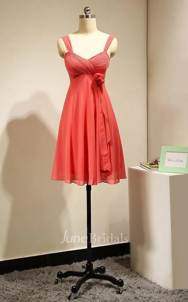 Short Coral Bridesmaid Dress Chiffon With Flower