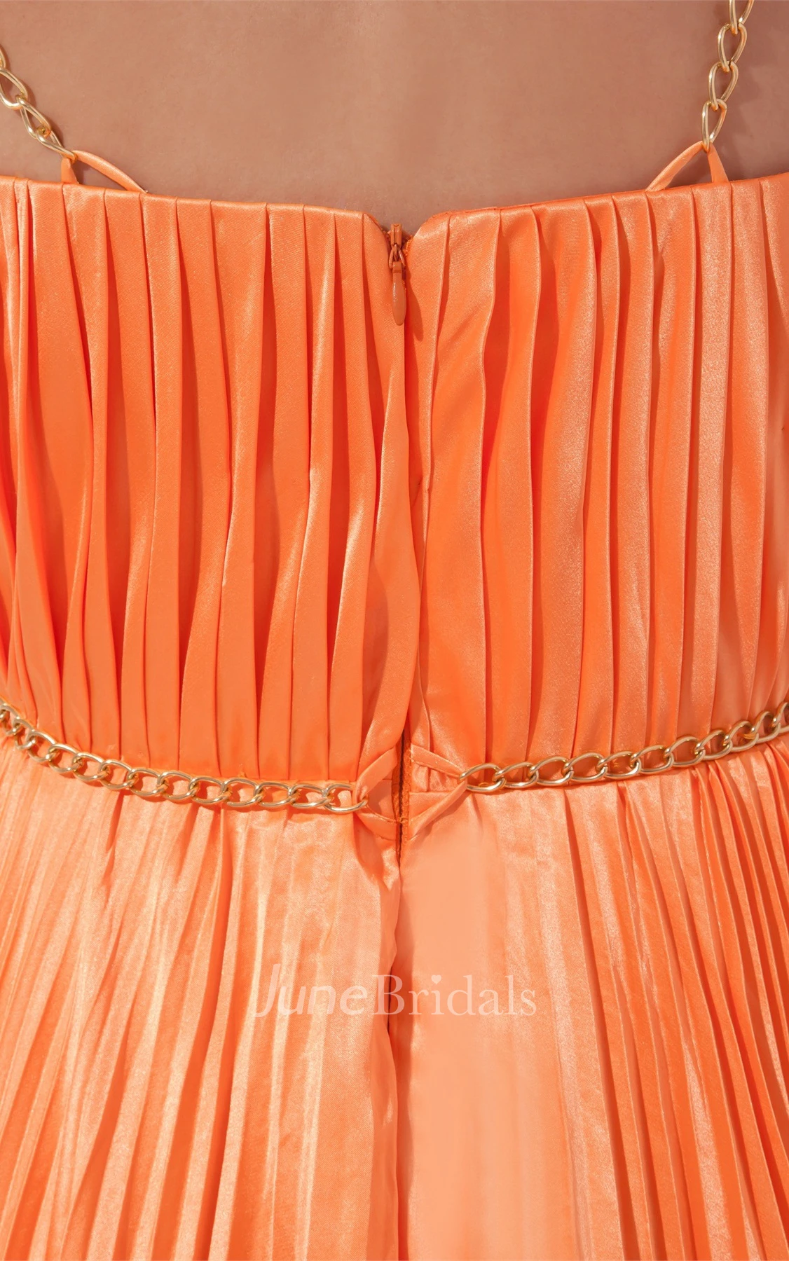 Plunged A-Line Pleated Gown with Spaghetti-Straps