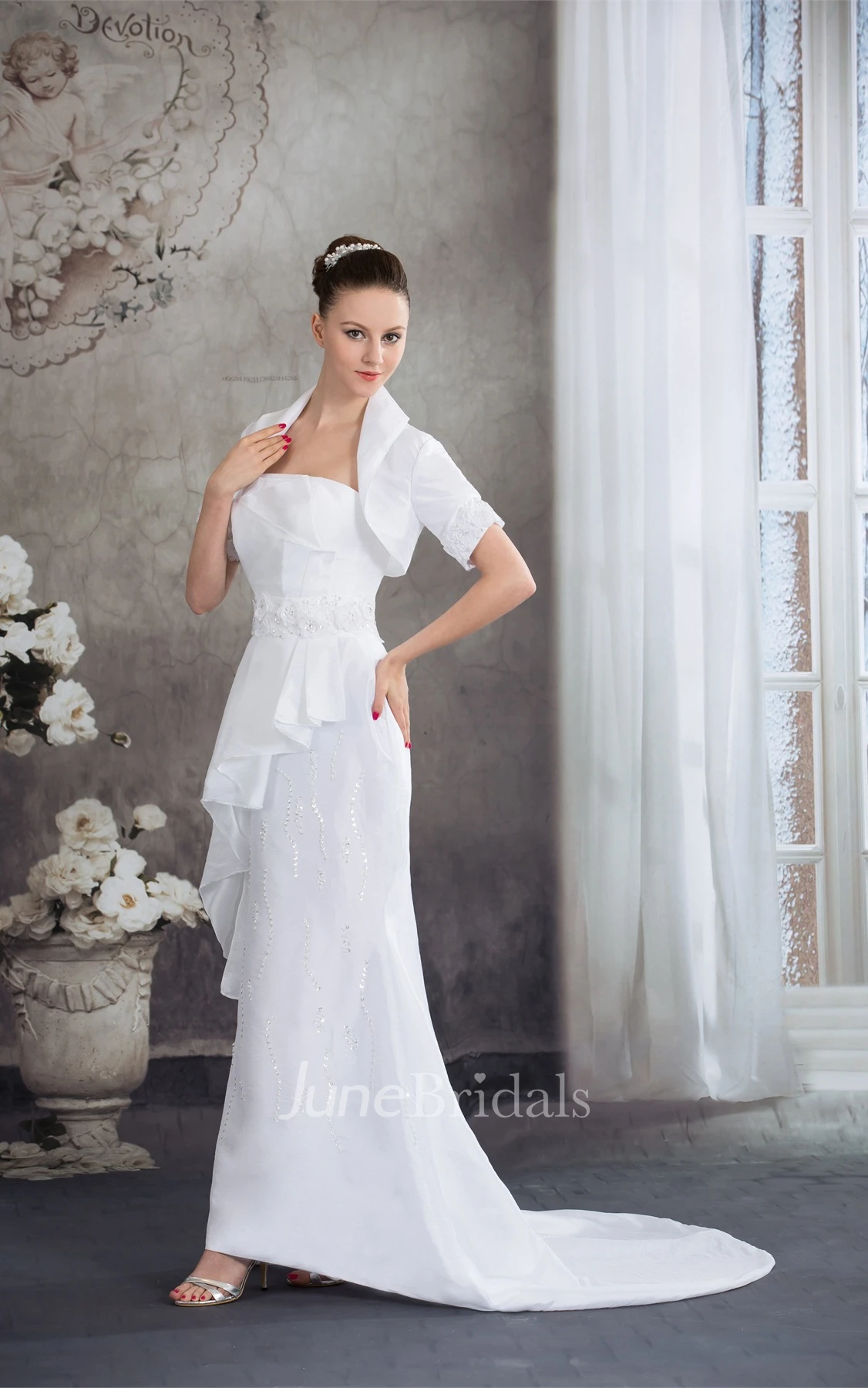 Strapless Sheath Beaded Dress with Peplum and Bolero