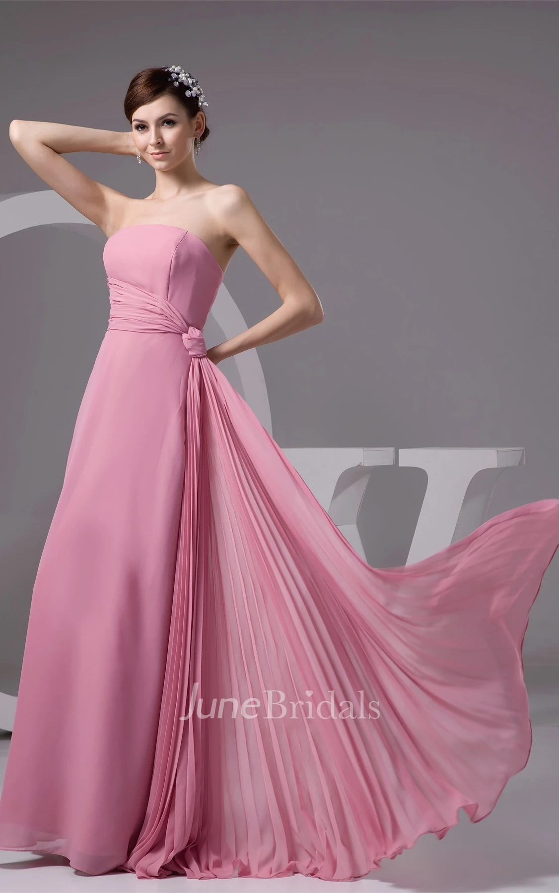 Strapless Chiffon Long Dress with Draping and Ruched Waist