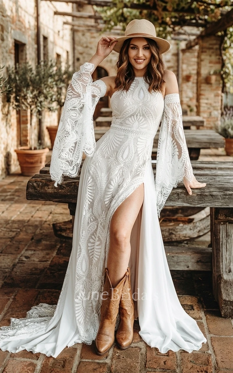 Vintage Floral Beach A-Line Flowy Boho Spring Wedding Dress Modest Casual Lace Jewel Neck Split Front Bridal Gown with Sweep Train