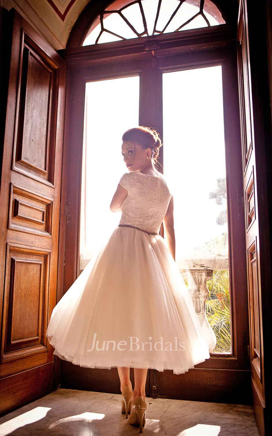 Jewel Cap Tea-Length Tulle Wedding Dress With Pleats And Sash