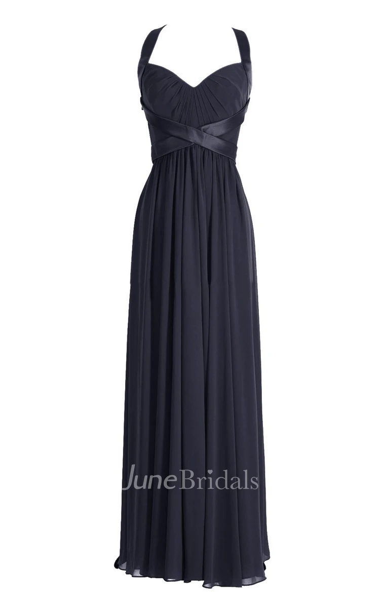 Halter Pleated Chiffon A-line Gown With Deep-v Back