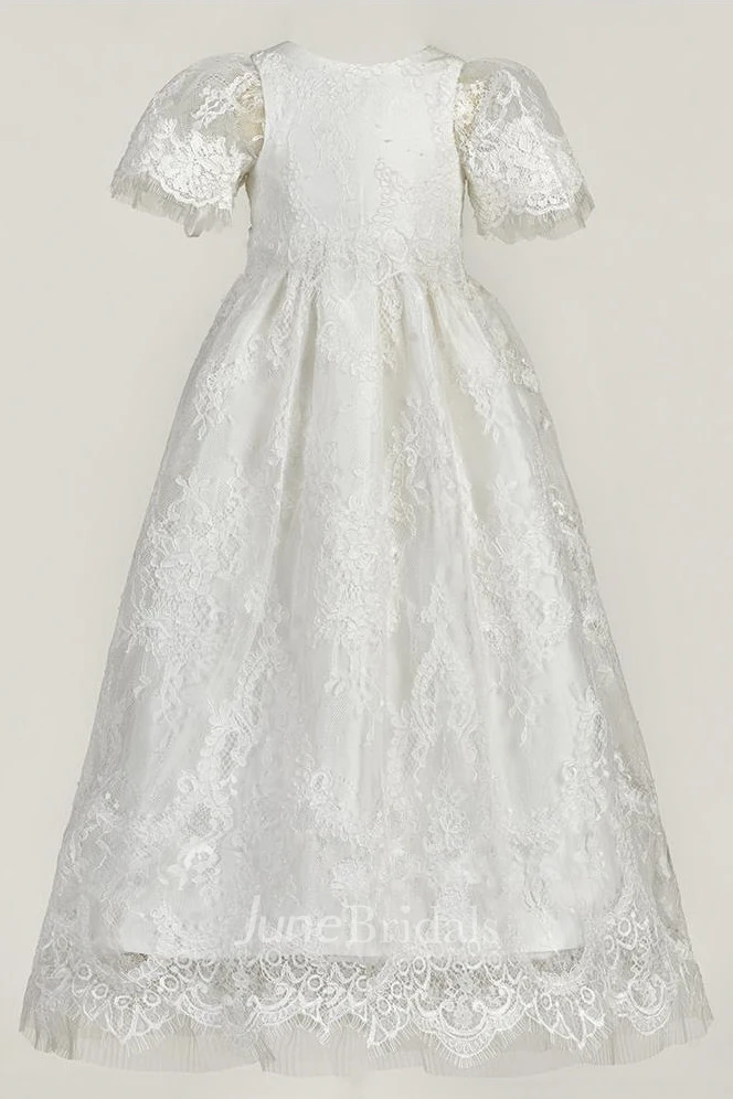 Illusion Puff Sleeve Lace Christening Gown With Zipper Back