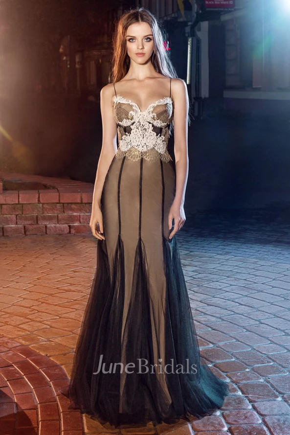 Sheath Long Spaghetti Sleeveless Tulle Jersey Dress With Appliques