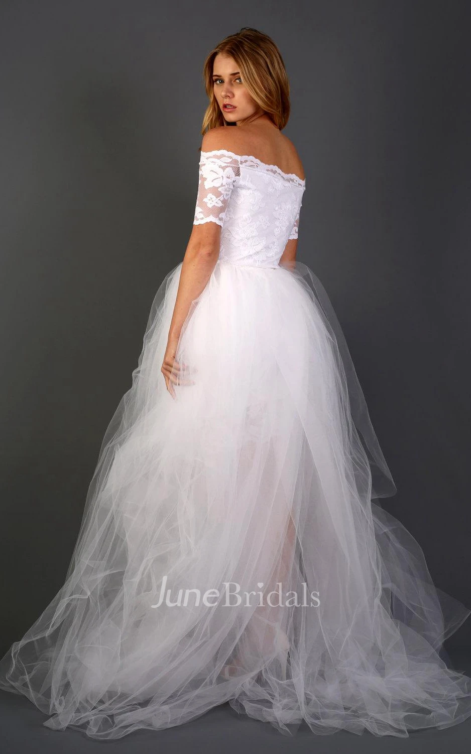 Full Lace Off-Shoulder Short Sheath Wedding Dress With Detachable Skirt