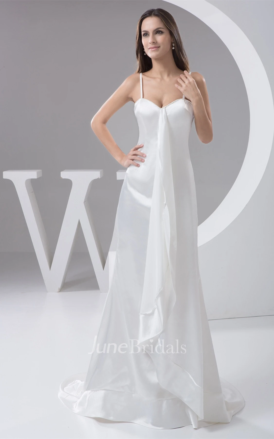 Spaghetti-Straps Satin Sheath Dress with Draping and Sweep Train