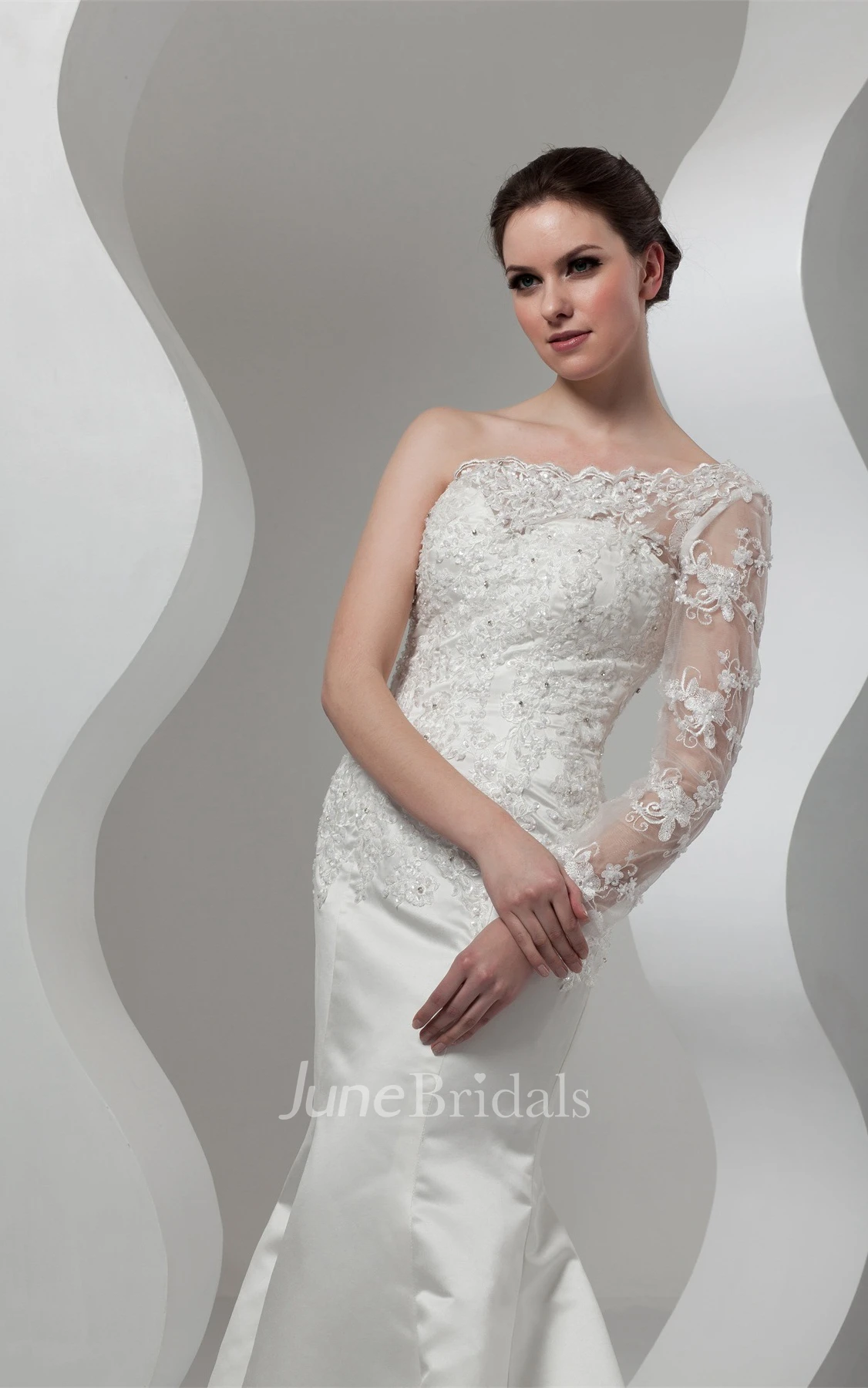 Asymmetrical Mermaid Appliqued Gown with Illusion One Sleeve