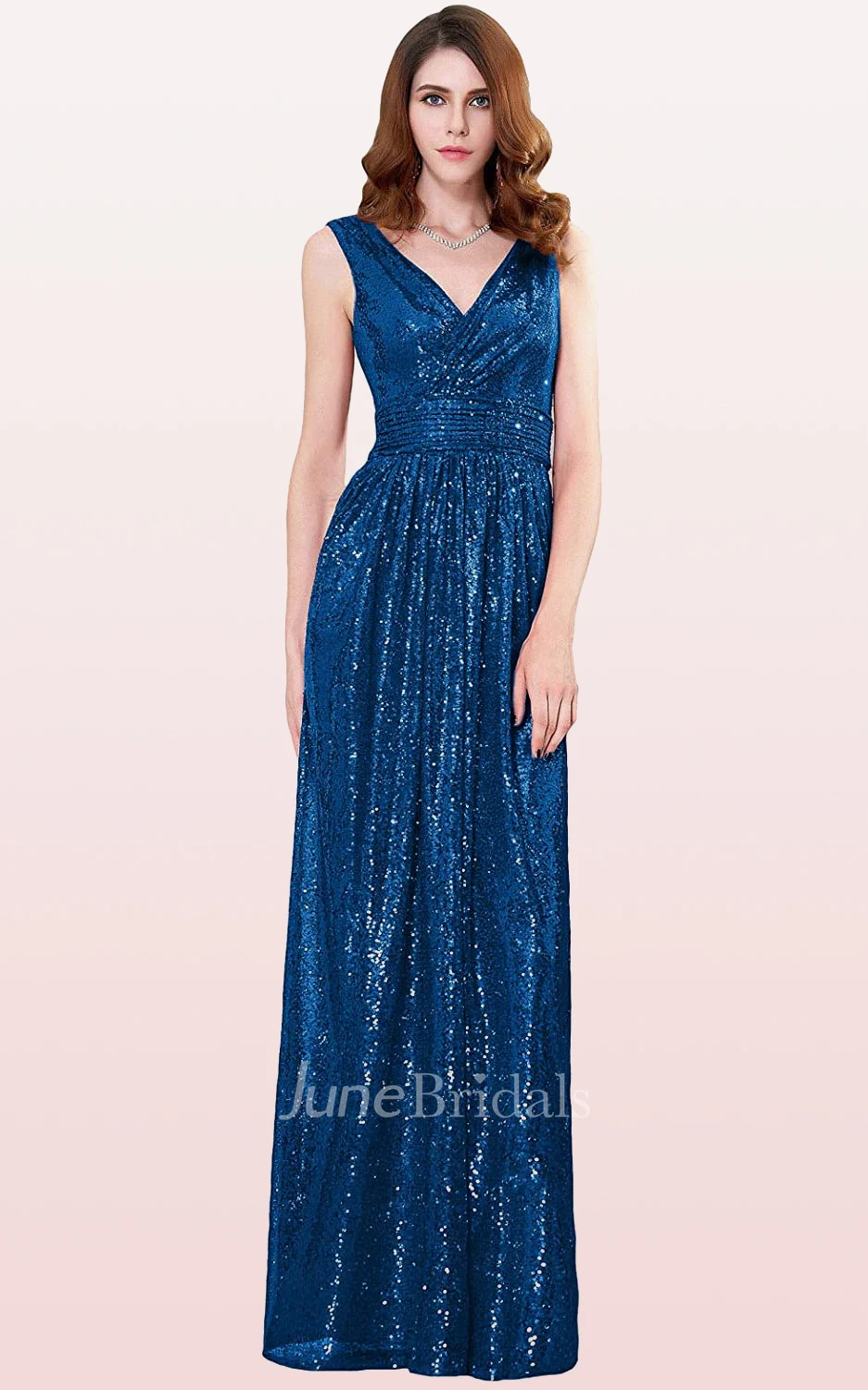 Luxury A Line V-neck Sequins Sleeveless Bridesmaid Dress