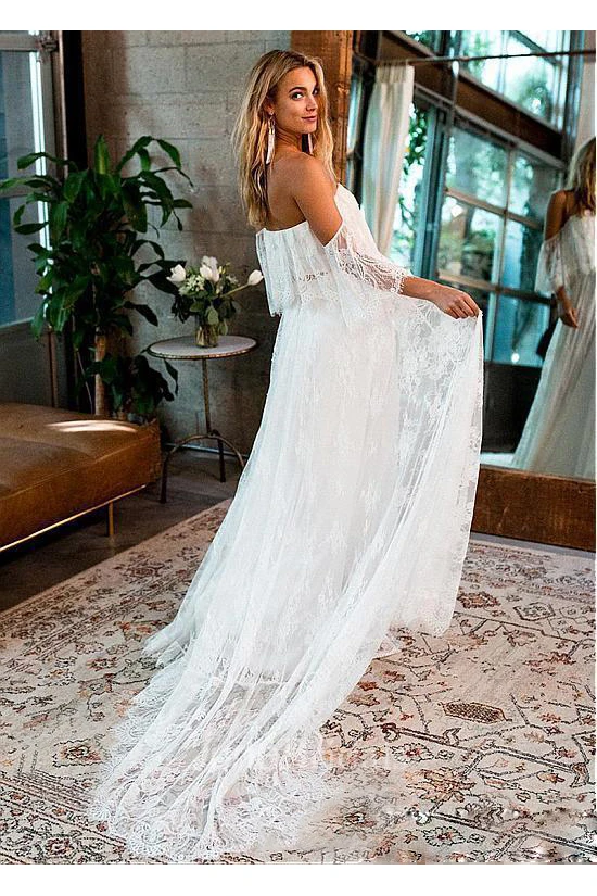 Boho Lace Brush Train Short Sheer Sleeve A-Line Destination Wedding Dress