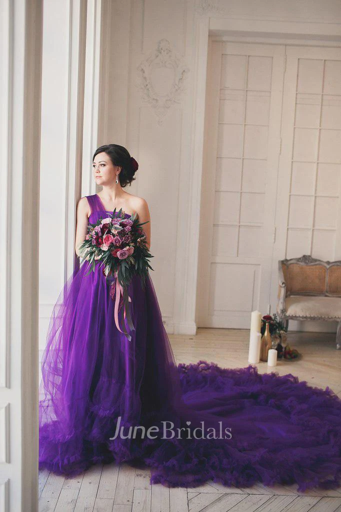 Glamorous One Shoulder Purple Tulle Prom Dress New Fashion Cloud Wedding Gown