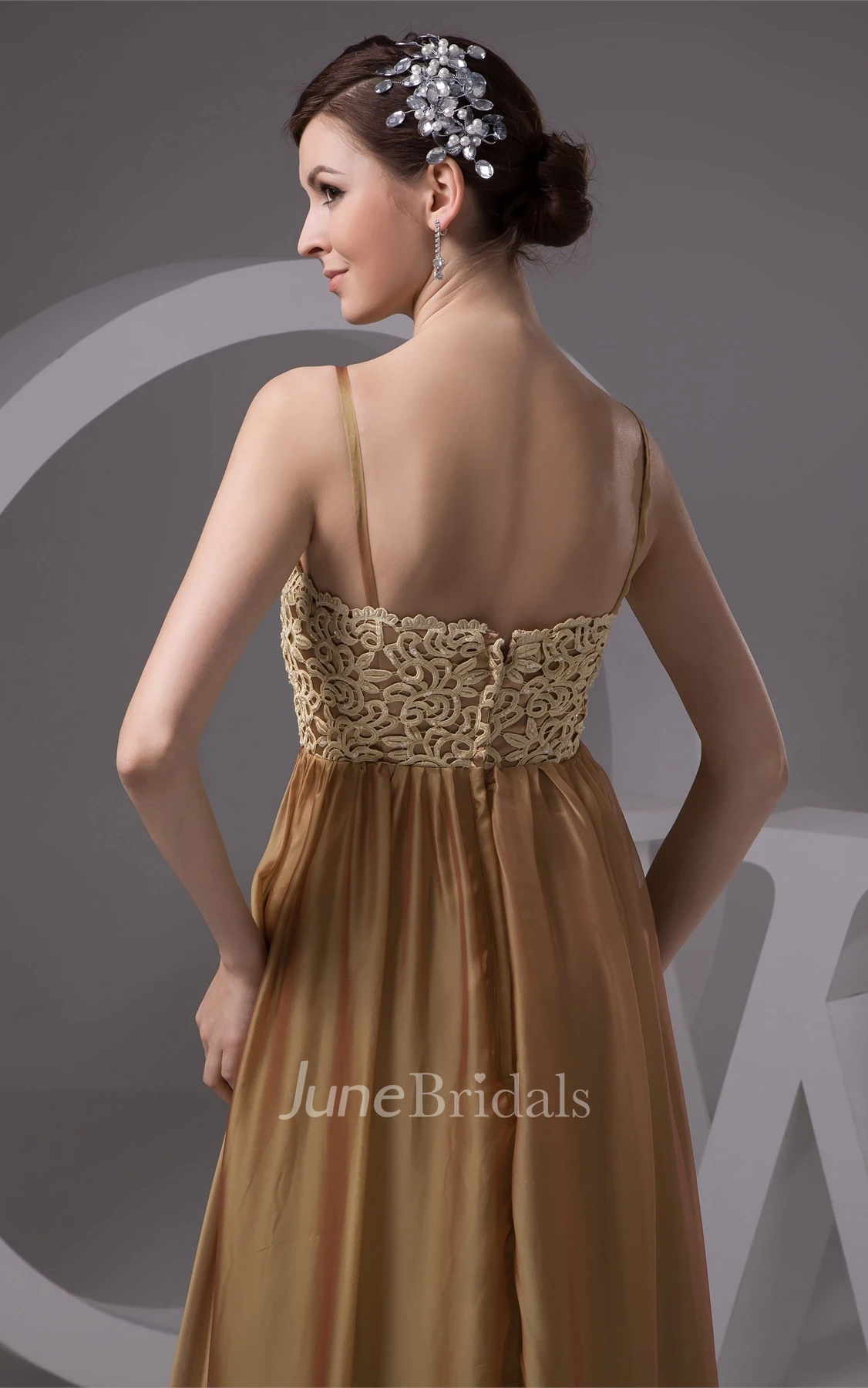 Spaghetti-Strap Floor-Length Gown with Pleats and Lace