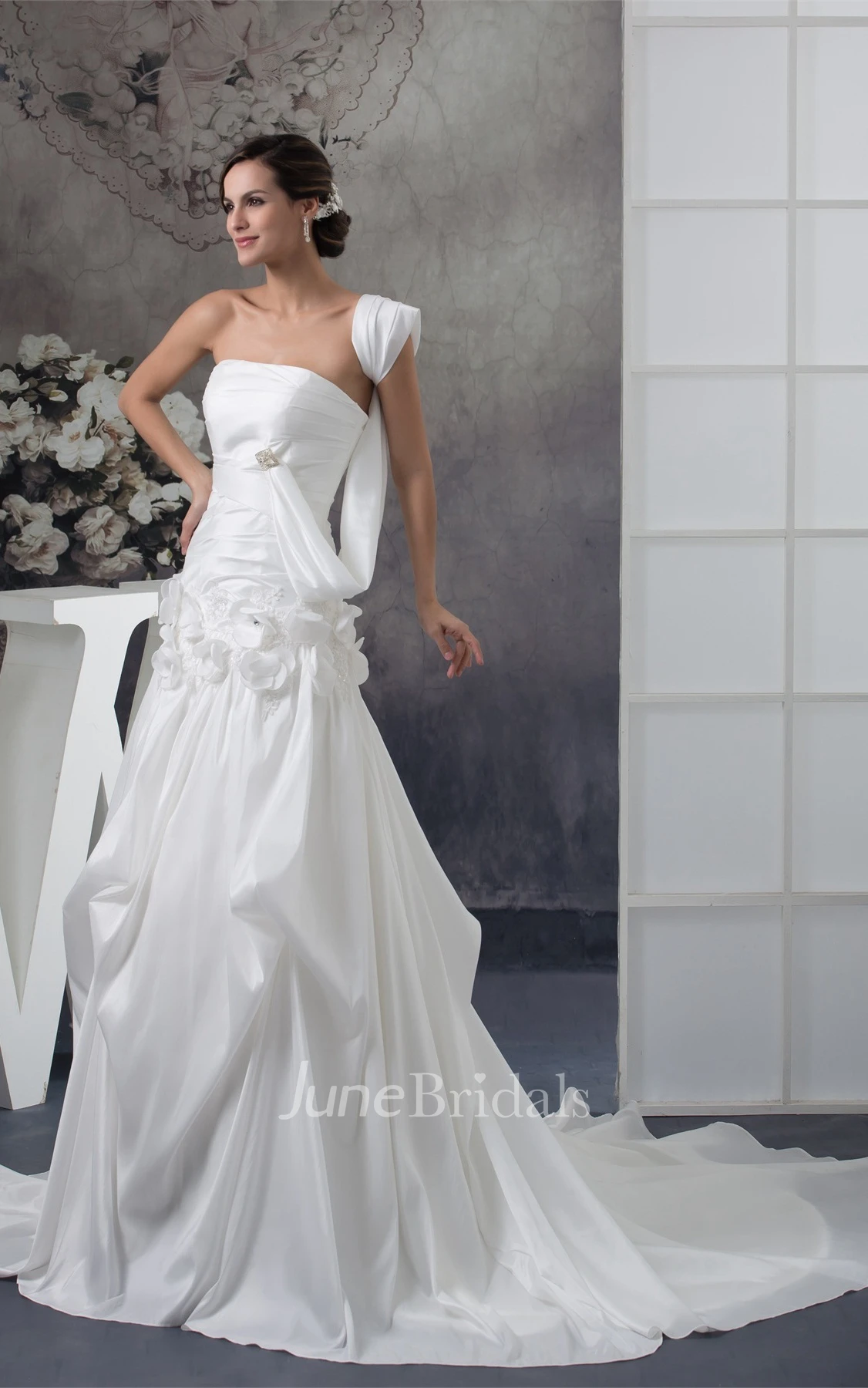 Strapless Pick-Up A-Line Gown with Flower and Broach