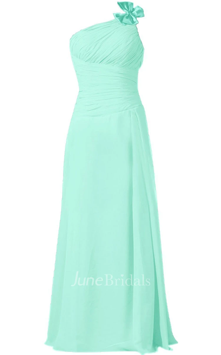 One-shoulder Ruched Chiffon A-line Gown With Bow