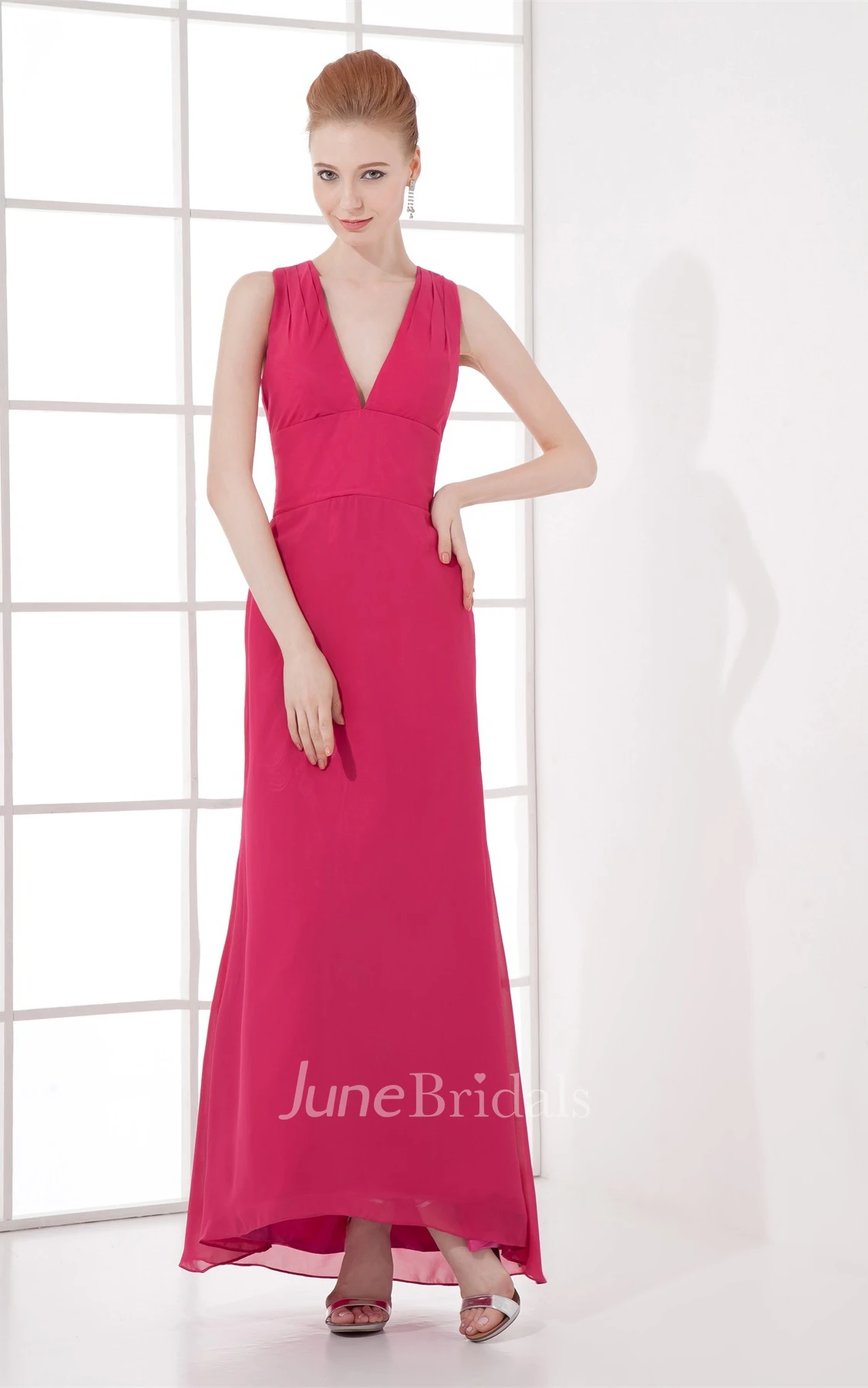 plunged chiffon ankle-length sleeveless dress with keyhole back