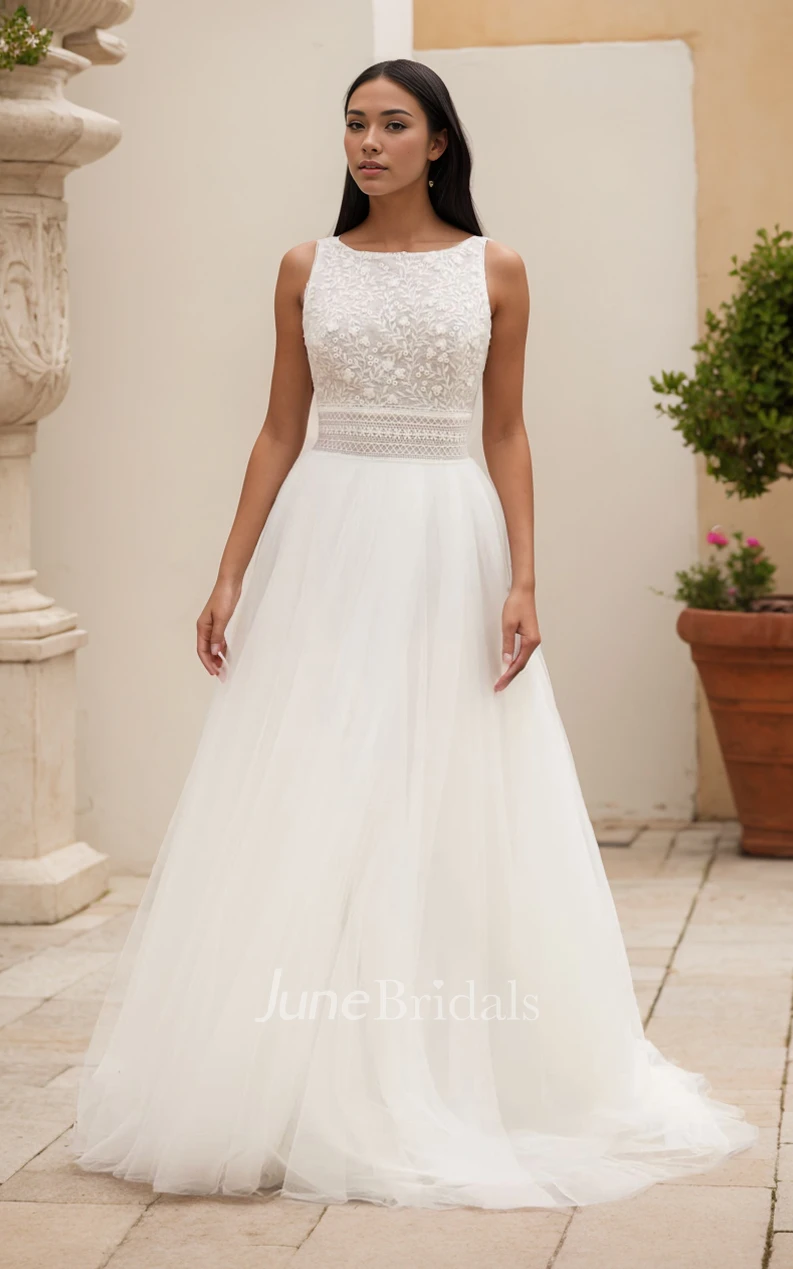 A-Line Sleeveless Bateau Neck Lace Tulle Spring Wedding Dress Backless Bridal Gown with Train and Zipper