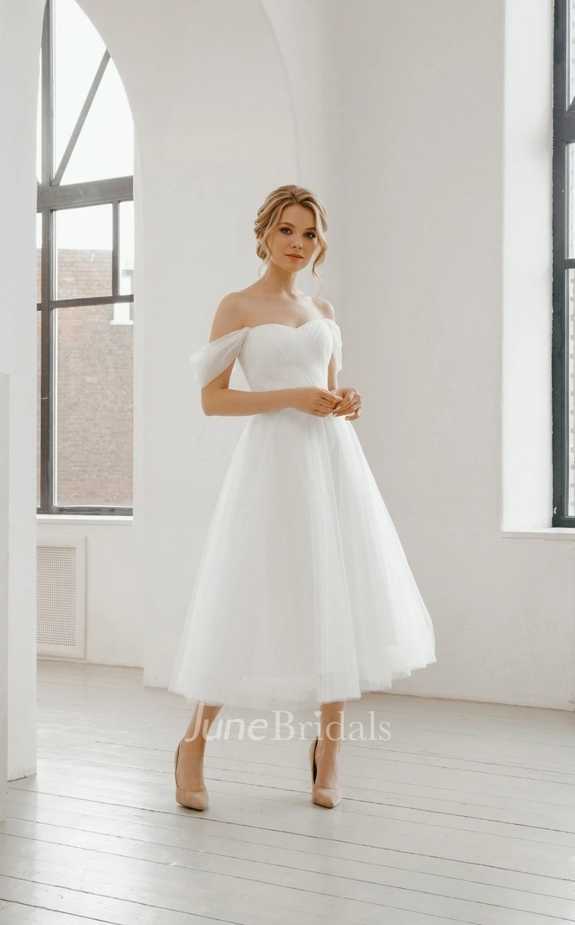 1950s Tea Length Wedding Dress A-Line Off-the-Shoulder Tulle Gown with Coset Back for Civil Ceremony