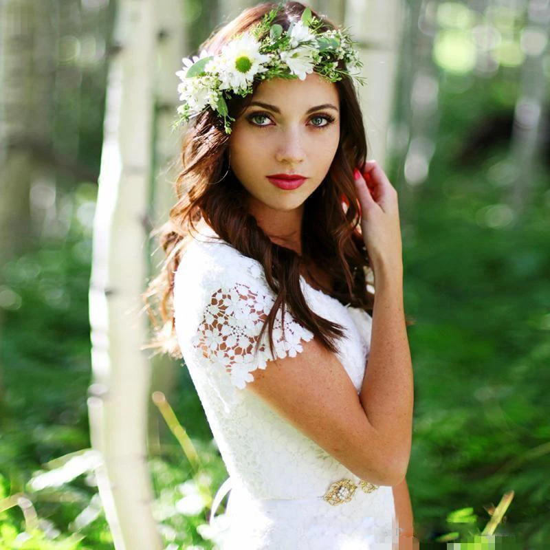 Vintage Country Modest Cap Sleeve Bohemian Crochet Lace A-line Wedding Dress with Beaded Belt