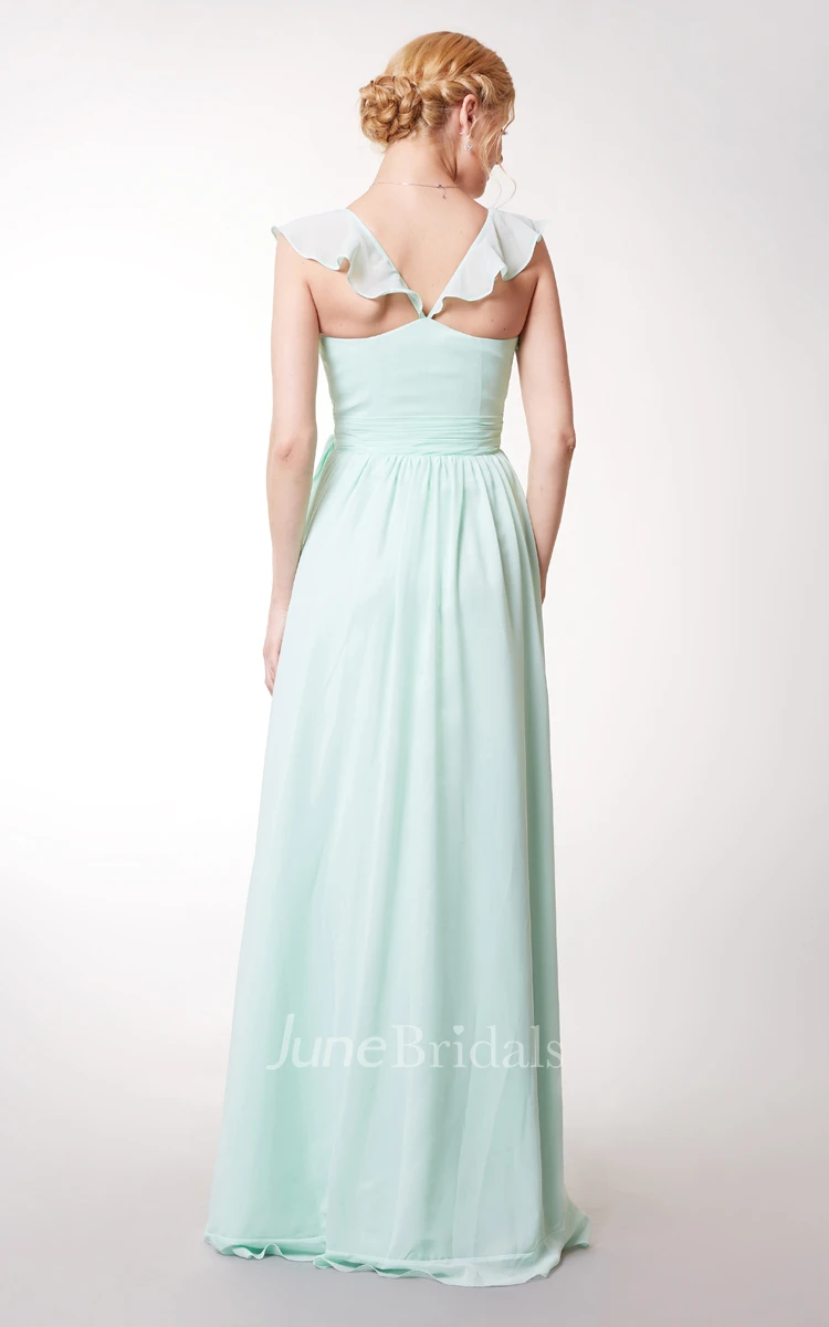 Cap-sleeved Asymmetric Ruffled Long Chiffon Dress With Sash