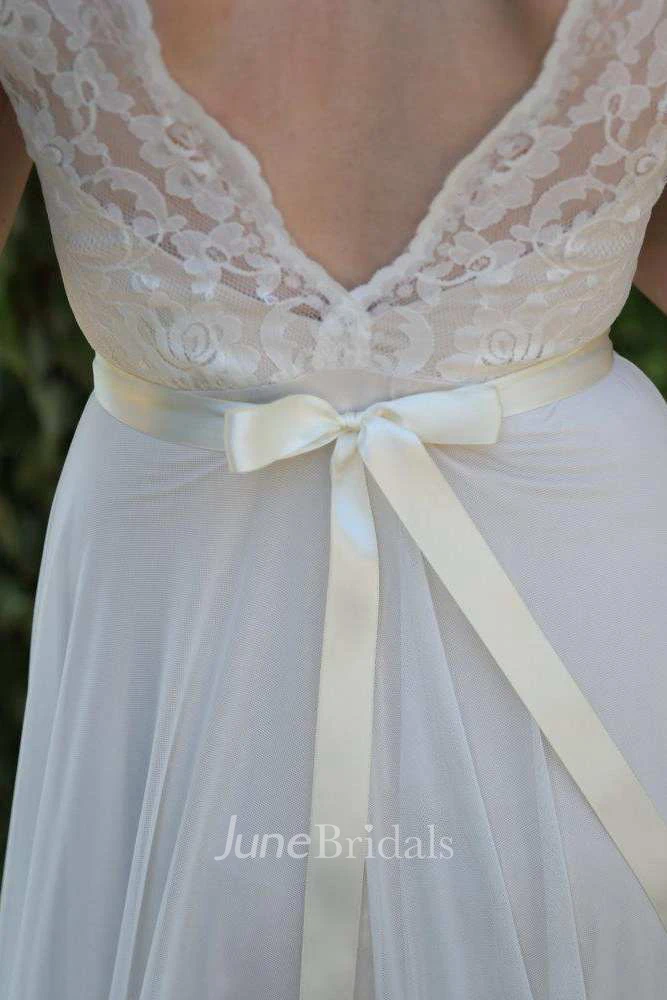 Plunged Sleeveless Chiffon Wedding Dress With Deep-V Back And Ribbon