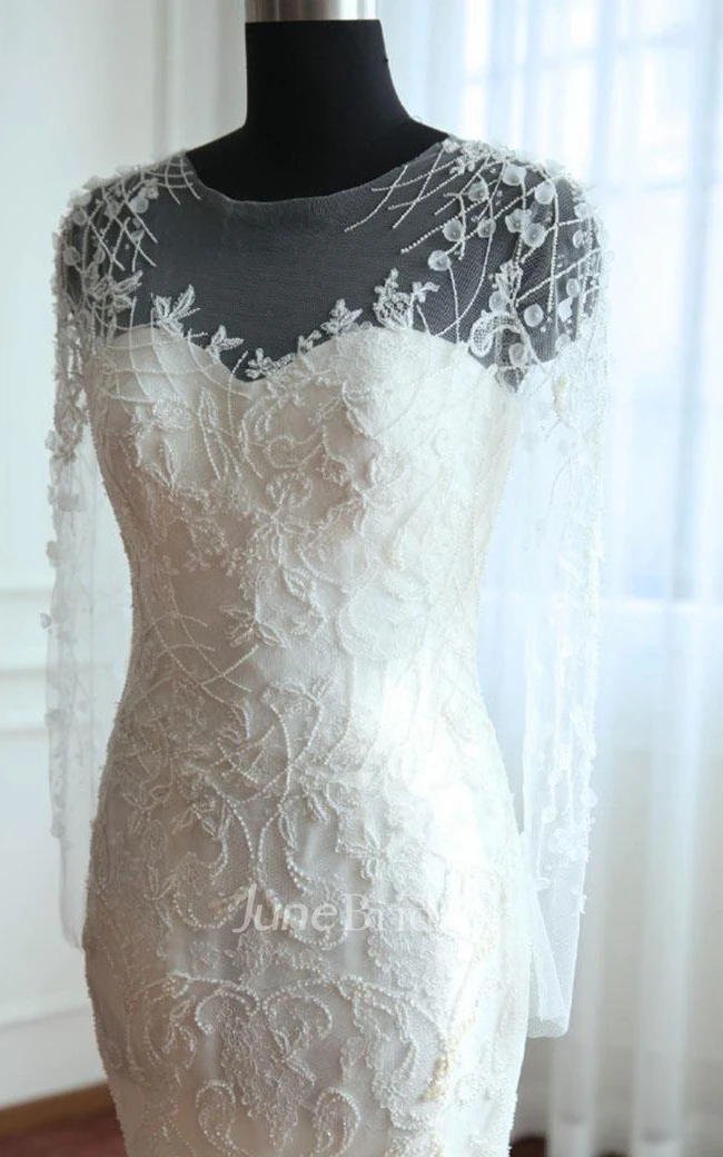 Trumpet Maxi Long Sleeve Bell Beading Flower Zipper Keyhole Tulle Lace Satin Dress