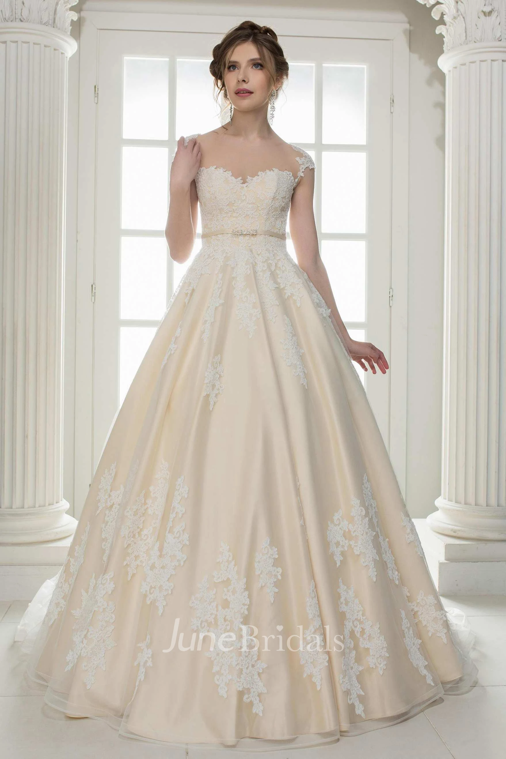 Cap-Sleeve A-Line Satin Ball Gown Wedding Dress With Appliques And Illusion