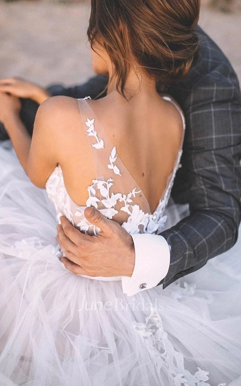 Ball Gown V-neck Lace Tulle Floor-length Sleeveless Wedding Dress with Appliques