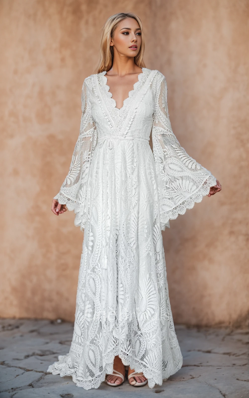 Bohemian wedding dress with bell sleeves hotsell