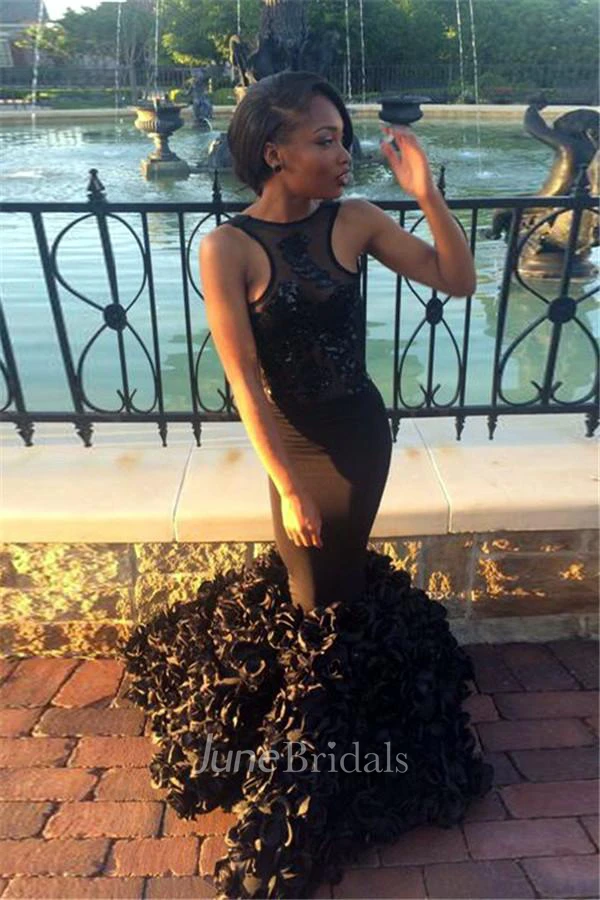 Sexy Black Sleeveless Mermaid Prom Dress Floor Length Flowers Party Gowns