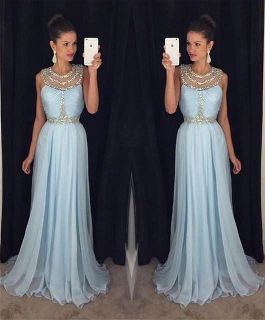 Modern Beadings Jewel A-line Prom Dress Sweep Train