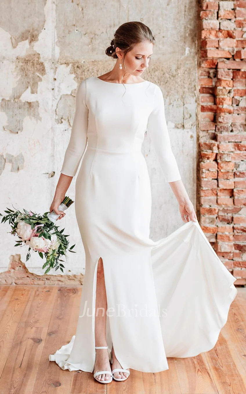 Solid Casual Court Wedding Dress Simple Mermaid Sweep Train Satin Gown with  Split Front - June Bridals