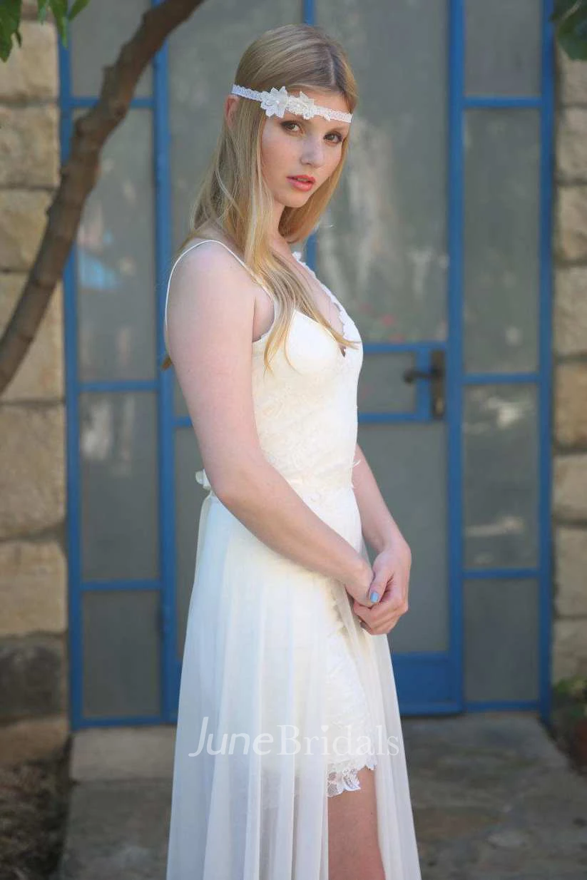 Spaghetti Lace Chiffon Short Wedding Dress With Sweep Train