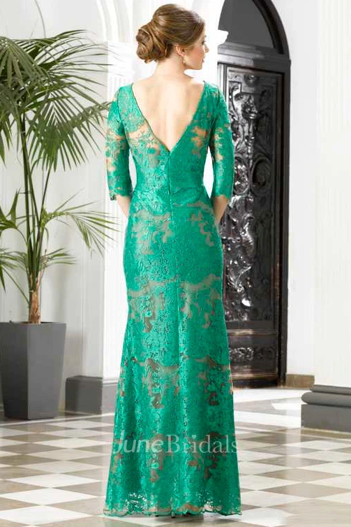 Sheath Floor-Length Bateau 3 4 Length Sleeve Lace Appliques Low-V Back Dress